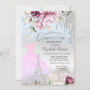 Invitation Drips, Robe, Tours Eiffel Roses Lilas Quinceañera
