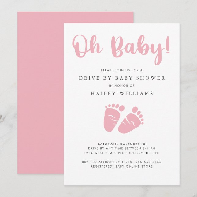 Invitation Drive By Baby Girl Douche | Oh Baby Baby Feet Rose (Devant / Derrière)
