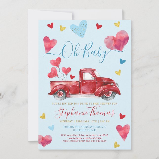 Invitation Drive By Boy Valentine Baby shower avec Coeurs (Devant)