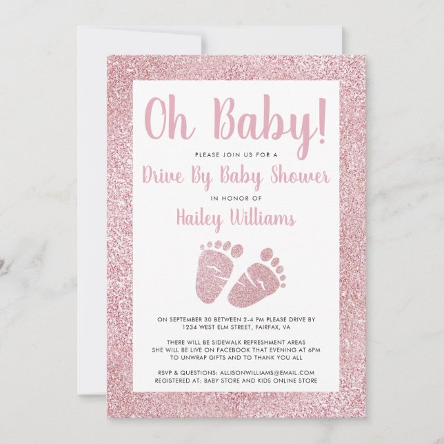 Invitation Drive By Oh Baby Pink Parties scintillant Baby sho (Devant)