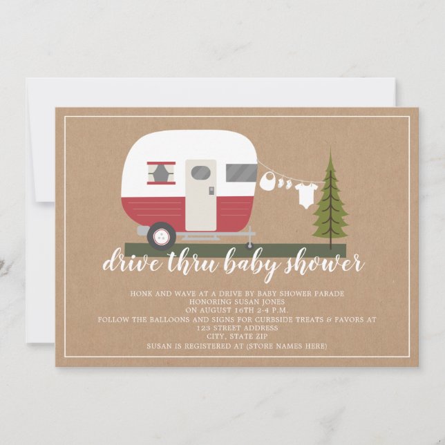 Invitation Drive Thru Baby shower Red Camper Woodland (Devant)