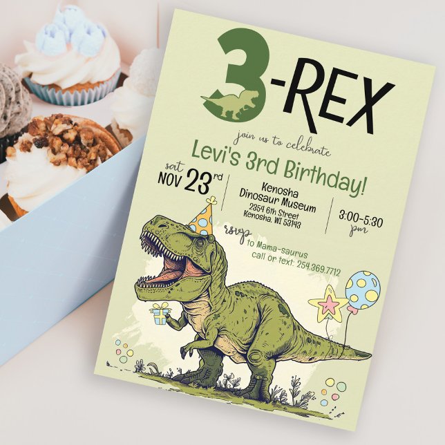 Invitation Drôle 3-Rex Dinosaur Cartoon 3e fête d'anniversair (Funny Cartoon T-Rex Dinosaur wearing a birthday hat, green 3-Rex 3rd birthday party invitation three)