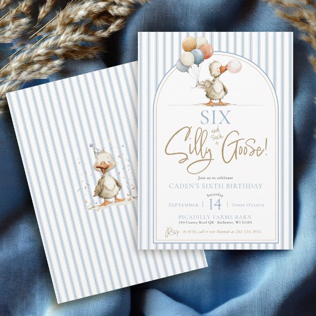 Invitation Drôle de SIX Oie Drôle Garçon Mignon avec une Arch (SIX Silly Goose blue ticking pinstripes modern arch whimsical geese boys 6th birthday invitations)