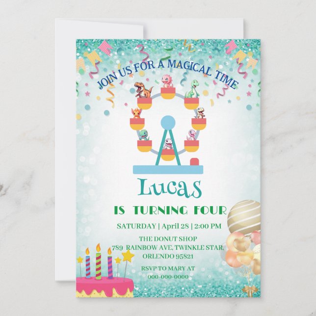 Invitation Drôle dinosaure Ferris roue fête d'anniversaire do (Devant)