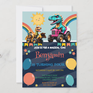 Invitation Drôle dinosaure tracteur ballon école Anniversaire