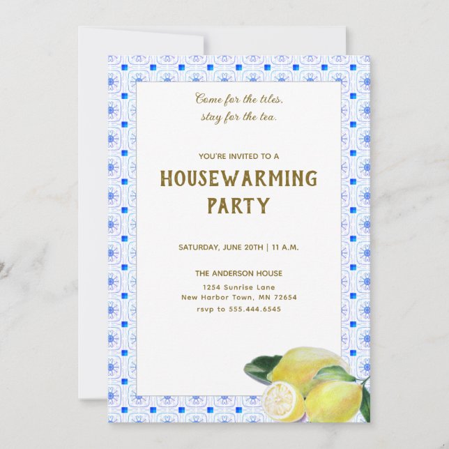 Invitation Drôle House Tea Party Boho Lemon Carreaux Bleus (Devant)