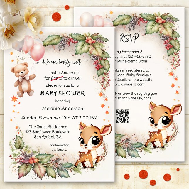 Invitation Drôle mignon Baby shower de l'ours de Noël (Christmas baby shower invitation with cute bear and deer on watercolor leaves and berries - QR code)
