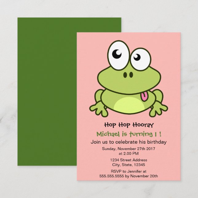 Invitation Drôle mignon grenouille caricature anniversaire de (Devant / Derrière)
