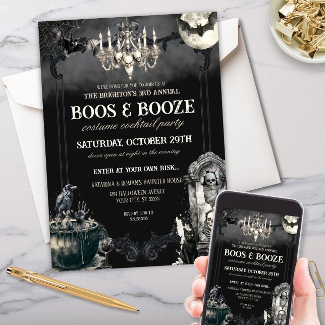 Invitation Drôle Mummy Bats Halloween Boos & Booze Party (Halloween boos and booze party invitation with mummy skeleton bats and raven)