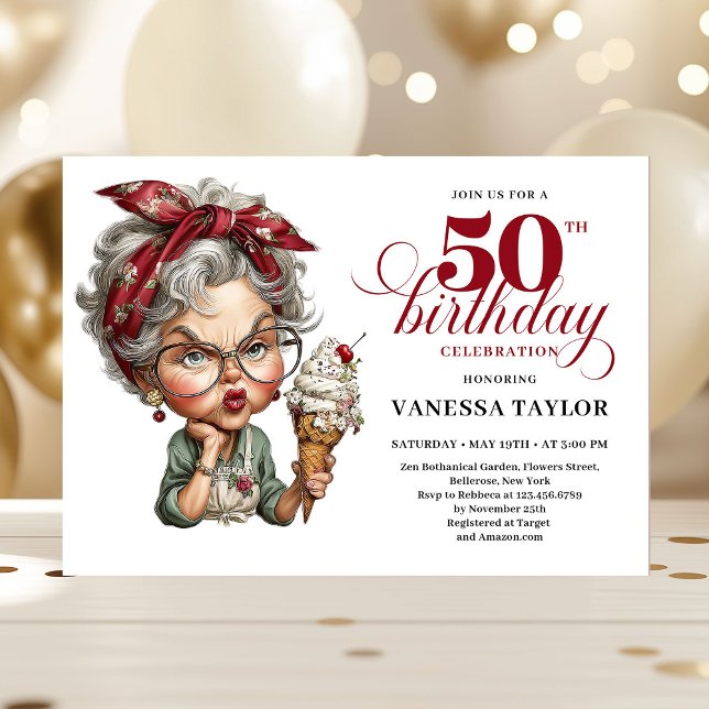 Invitation drôle pour célébration de cinquantaine  (Quirky fifty celebration invite funny birthday lady)