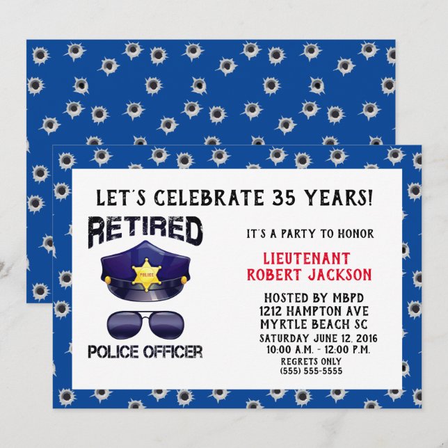 Invitation Drôle Puce Police Officier Retraite (Devant / Derrière)