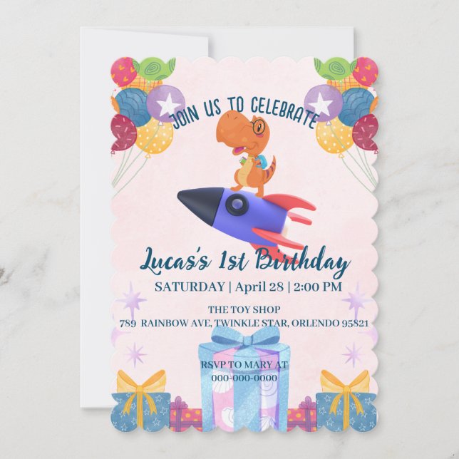 Invitation Drôle roquette dinosaure retour 2 Scolaire fête d' (Devant)