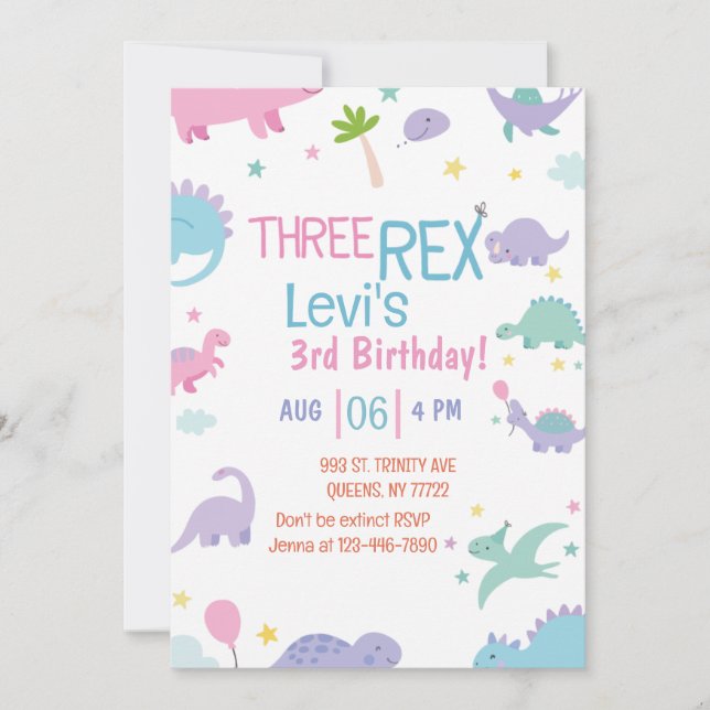 Invitation drôle Trois Rex 3ème Dinosaure Anniversaire (Devant)