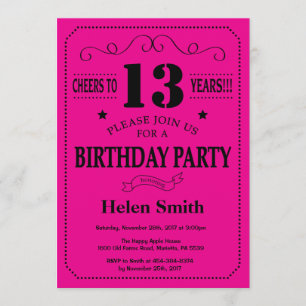 Invitation du 13e anniversaire Noir et rose chaud