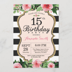 Invitation du 15e anniversaire. Floral rose or noi
