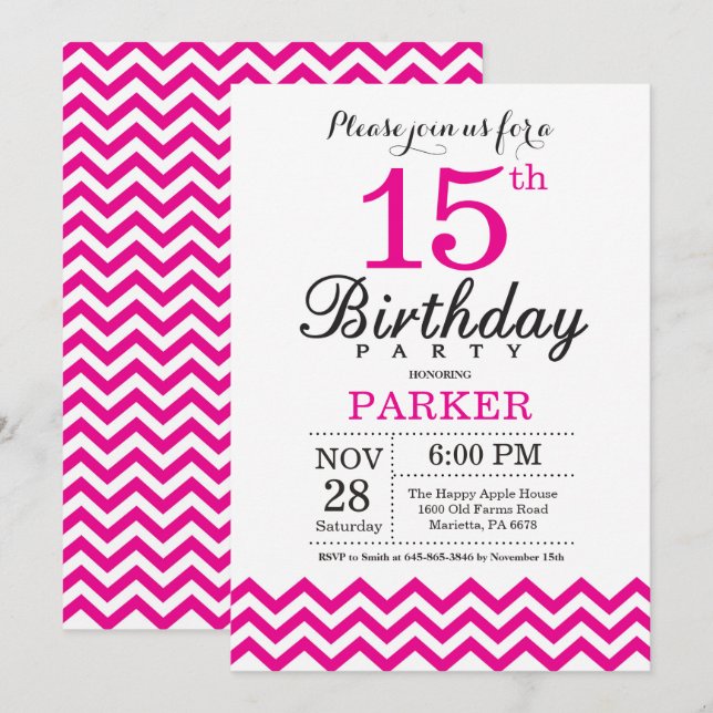 Invitation du 15e anniversaire Hot Pink Chevron (Devant / Derrière)