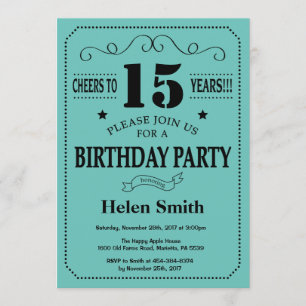 Invitation du 15e anniversaire Noir et Turquoise