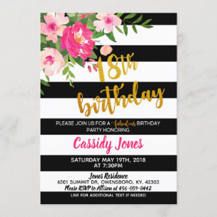 Invitation du 18e anniversaire - Floral avec noir 