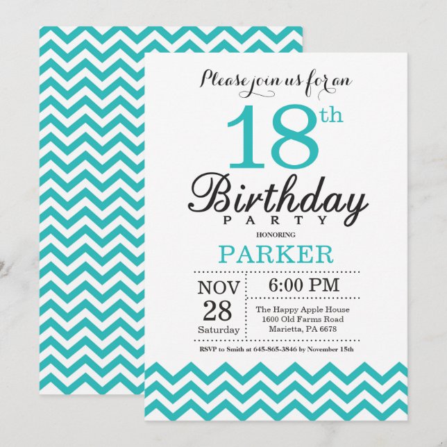 Invitation du 18e anniversaire Turquoise Chevron (Devant / Derrière)