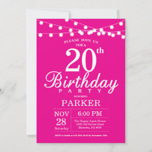 Invitation du 20e anniversaire rose chaud