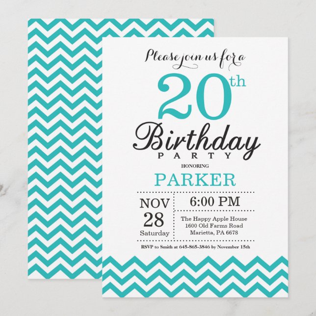 Invitation du 20e anniversaire Turquoise Chevron (Devant / Derrière)
