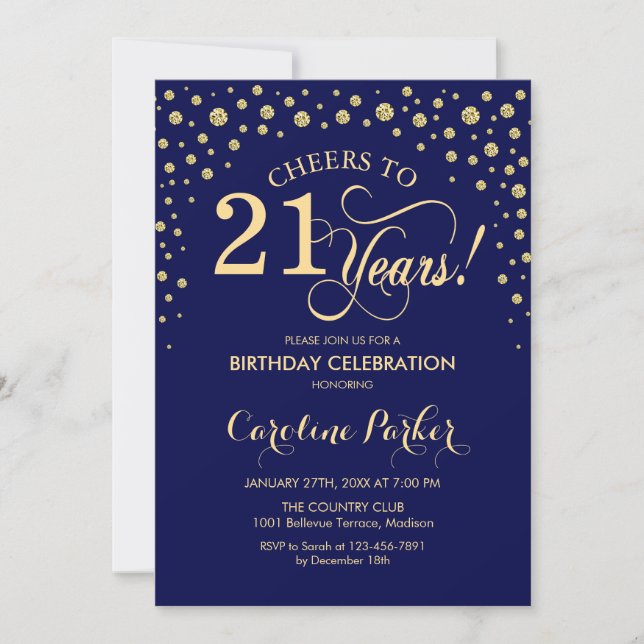 Invitation du 21e anniversaire - Gold Navy Blue (Devant)
