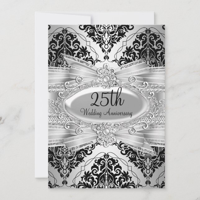 Invitation du 25e anniversaire Silver Black Damask (Devant)