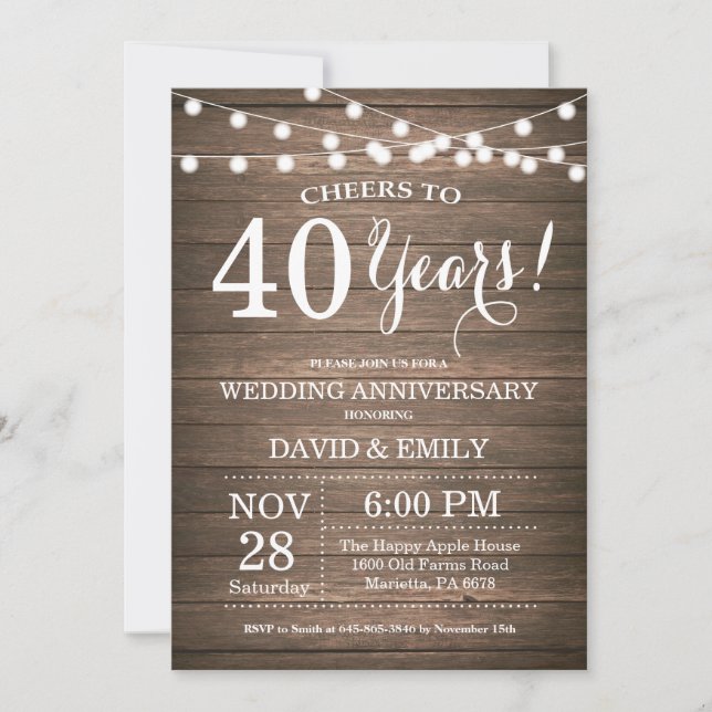Invitation du 40e anniversaire du Mariage Bois rus (Devant)