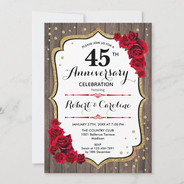 Invitation du 45e anniversaire - Rustic Wood Gold  (Devant)