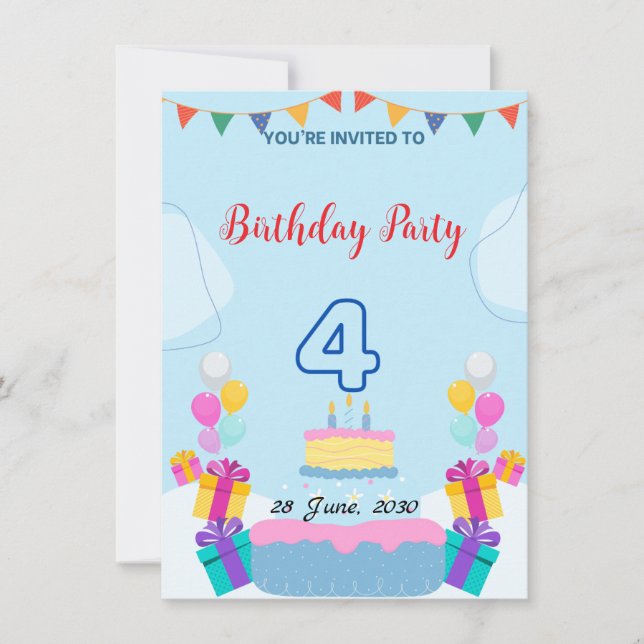 Invitation du 4e anniversaire - Carte de fête ador (Devant)