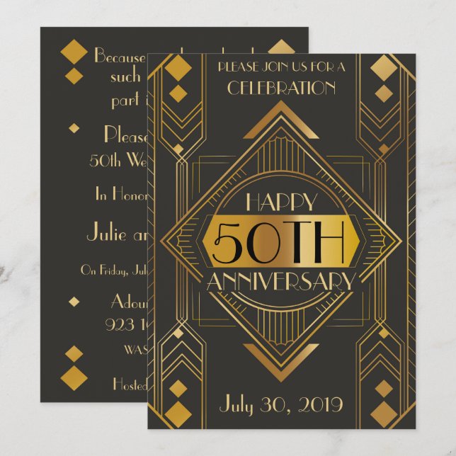 Invitation du 50e anniversaire Art déco (Devant / Derrière)