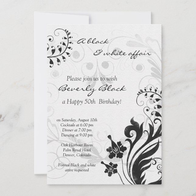 Invitation du 50e anniversaire | Floral noir blanc (Devant)
