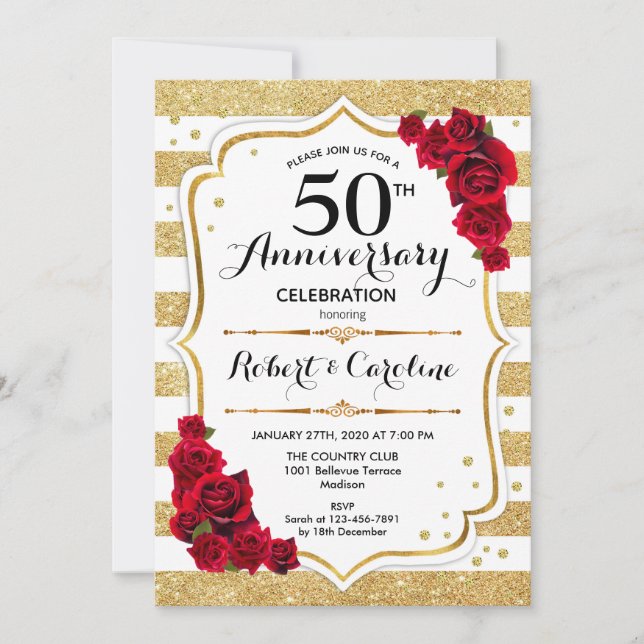 Invitation du 50e anniversaire - Roses rouges blan (Devant)