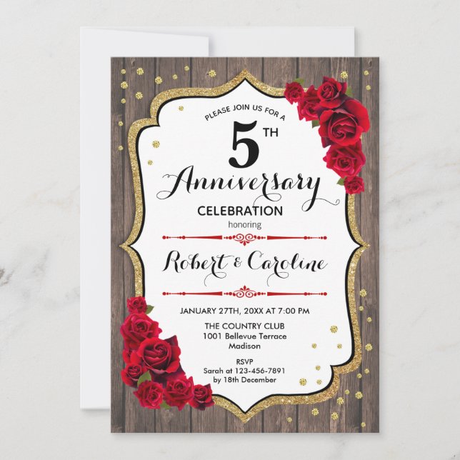 Invitation du 5e anniversaire - Rouge or bois (Devant)