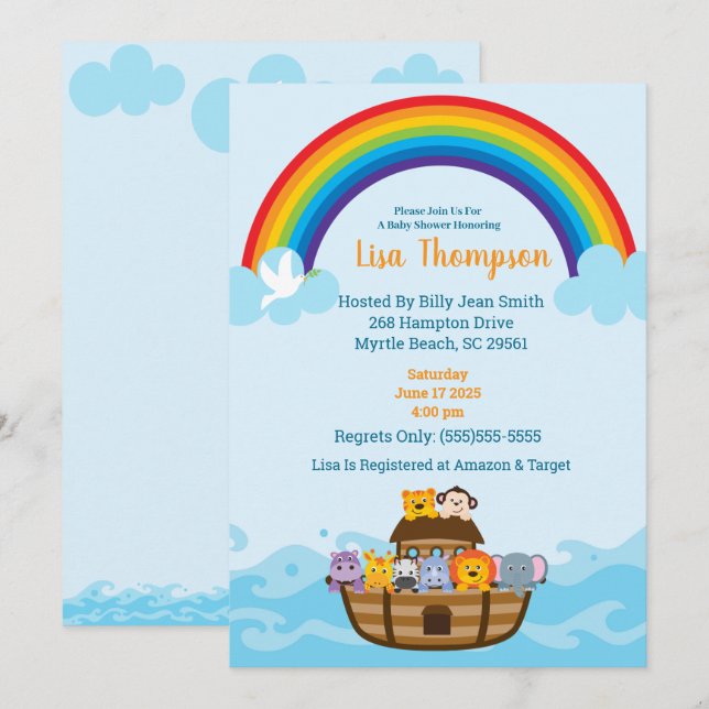 Invitation du Baby shower arc-en-ciel de Noah (Devant / Derrière)
