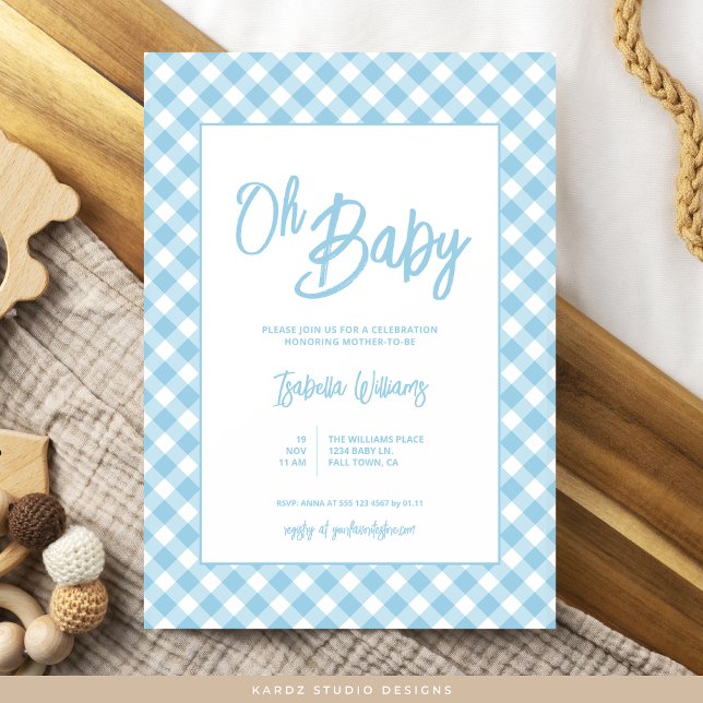 Invitation du Baby shower Blue En vichy moderne (Invite shown in 5 x 7 inches, choose size, paper and corner style. Buy print or digital invitations.)