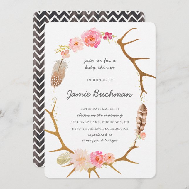Invitation du Baby shower Boho Antler (Devant / Derrière)