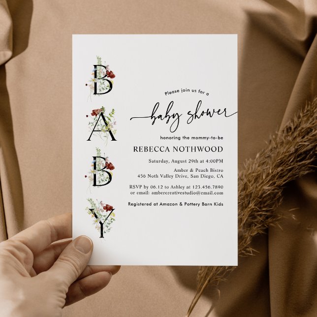 Invitation du Baby shower Boho Fleur sauvage aquar (Créateur téléchargé)