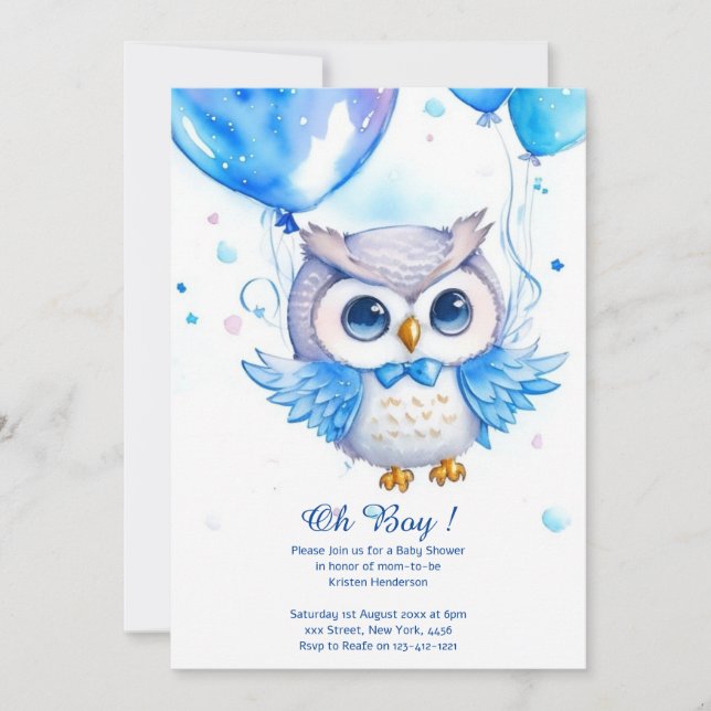Invitation du Baby shower Boy Owl Watercolor (Devant)