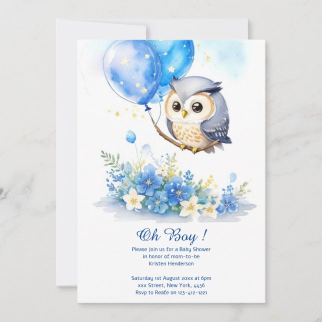 Invitation du Baby shower Boy Owl Watercolor (Devant)