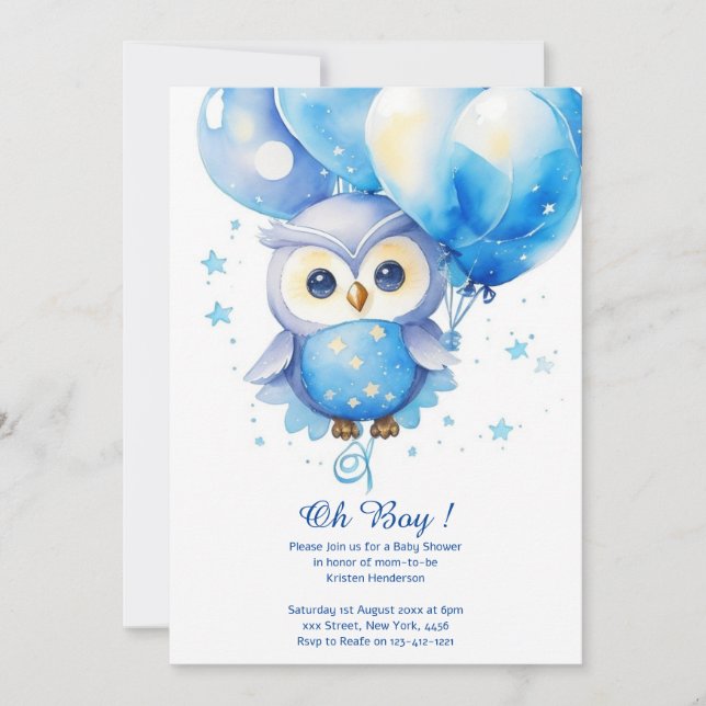 Invitation du Baby shower Boy Owl Watercolor (Devant)