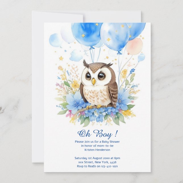 Invitation du Baby shower Boy Owl Watercolor (Devant)