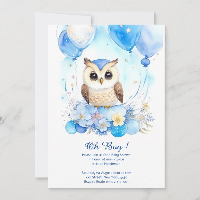 Invitation du Baby shower Boy Owl Watercolor (Devant)
