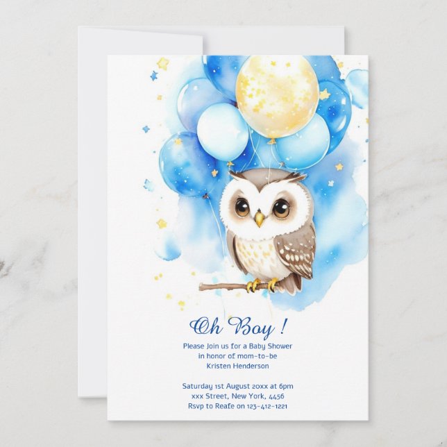 Invitation du Baby shower Boy Owl Watercolor (Devant)