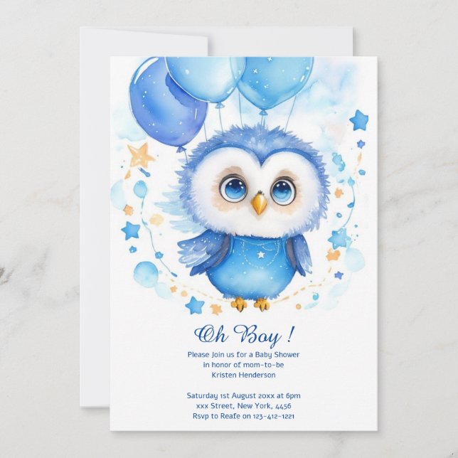 Invitation du Baby shower Boy Owl Watercolor (Devant)