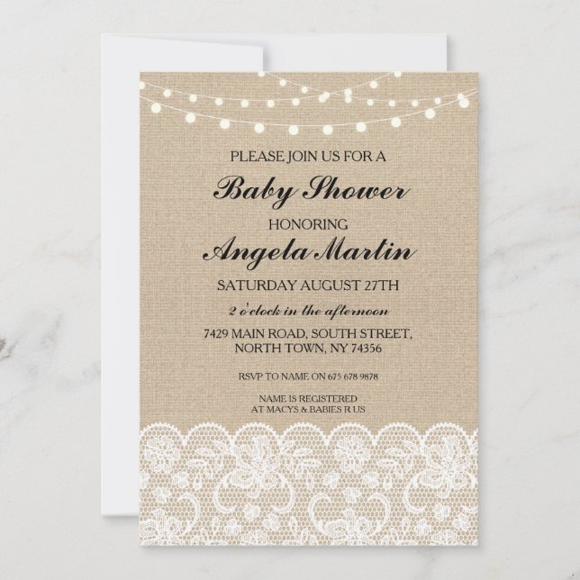 Invitation du Baby shower Burlap Lace Trim Lights (Devant)
