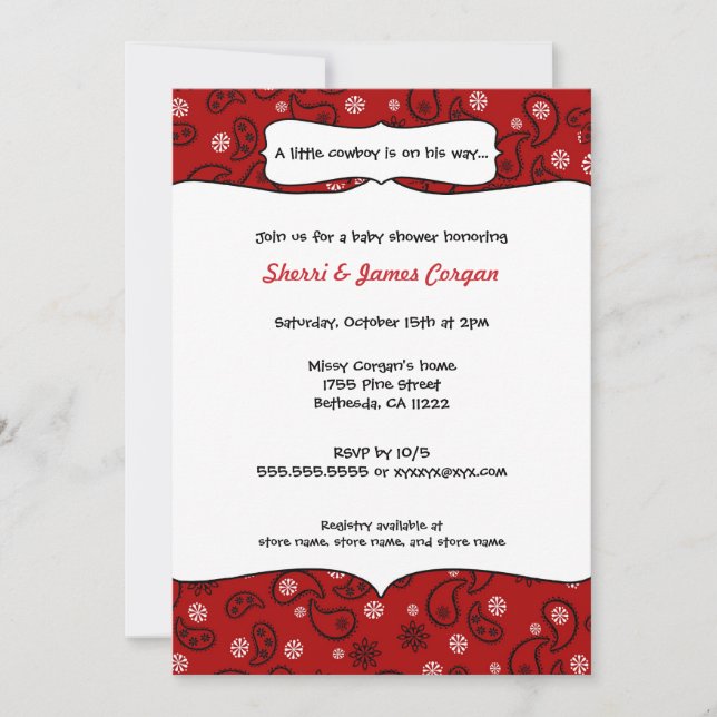 Invitation du Baby shower Cowboy Red Paisley (Devant)