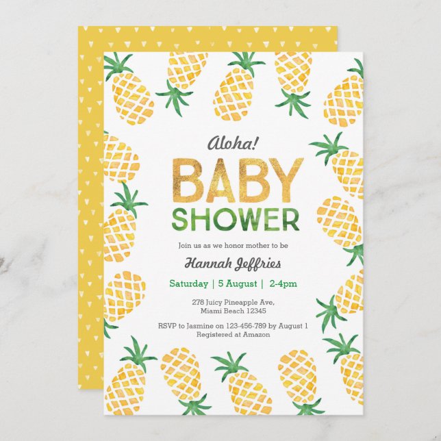 Invitation du Baby shower d'ananas tropical (Devant / Derrière)