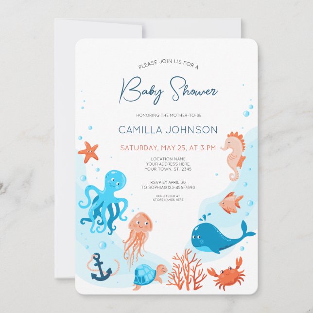 Invitation du Baby shower d'animaux de l'océan mar (Devant)