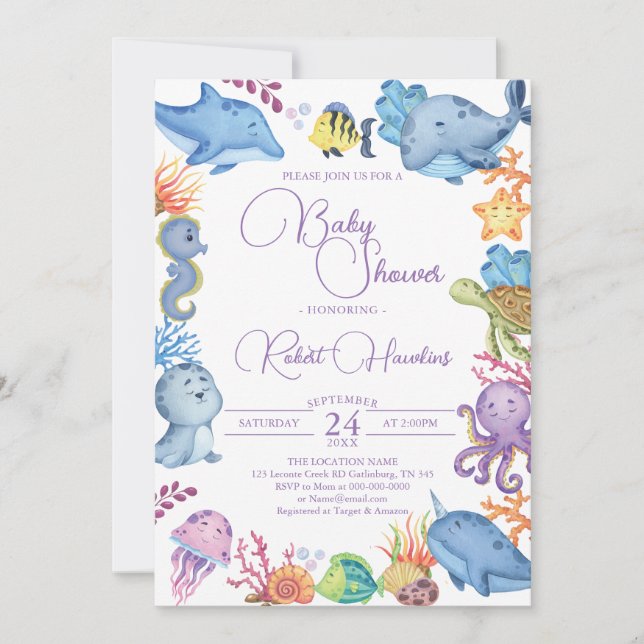 Invitation du Baby shower d'animaux de l'océan mar (Devant)